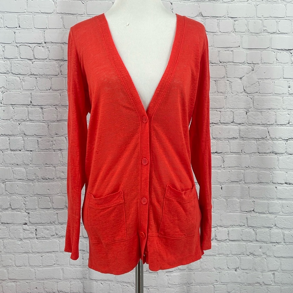 J. Crew 100% Linen Orange Funky Unique Color Halloween Button Up Cardigan SM